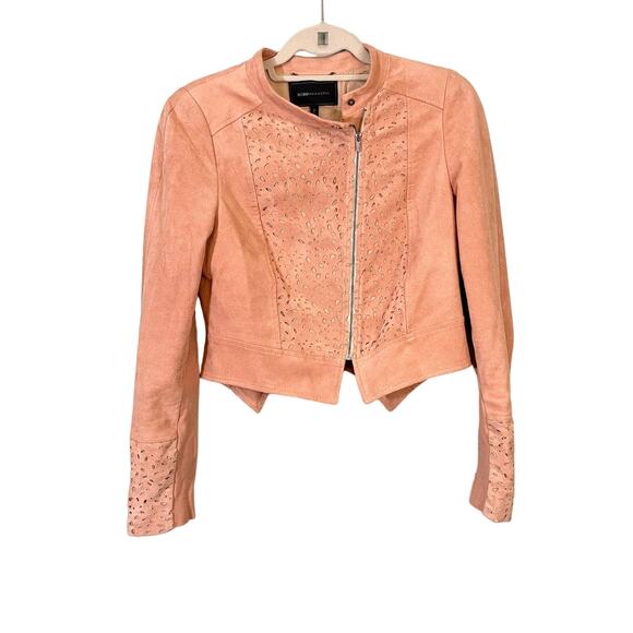 BCBG Maxazria Pink Rose Suede Embroidered Bomber Jacket Size M - Picture 1 of 9
